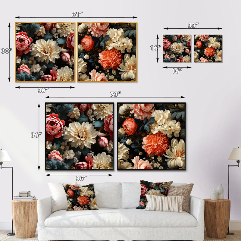 Becquets - Ensemble de 2 collages carrés floraux, Cadre flottant noir, H 16 po x l 33 po