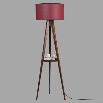 Elegant Floor Lamp with Wooden Body & Fabric Cap, Walnut & Claret Red Finish, 60.2 in Height | 19.7 in Cap Diameter, 19.7 in Shelf | On/Off Switch, E27 Socket, Max 40W | Perfect for Living Room & Bedroom Decor