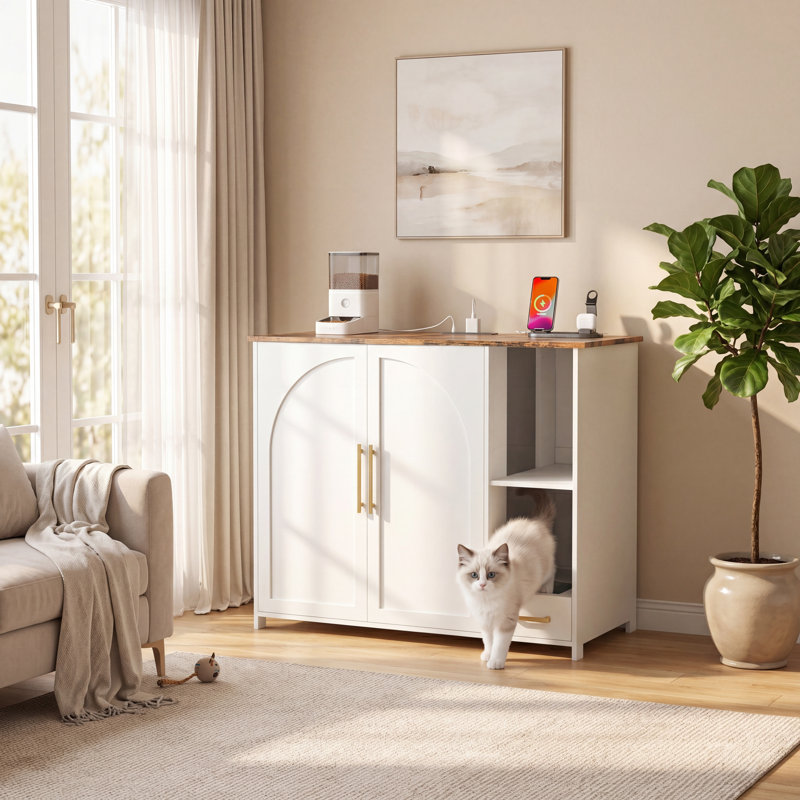 Armoire à litière pour chat 40,5 pouces cachée à l'épreuve des chiens avec multiprise, White/Brown