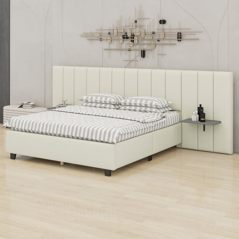 Upholstered Platform Bed with Big Headboard, Beige
