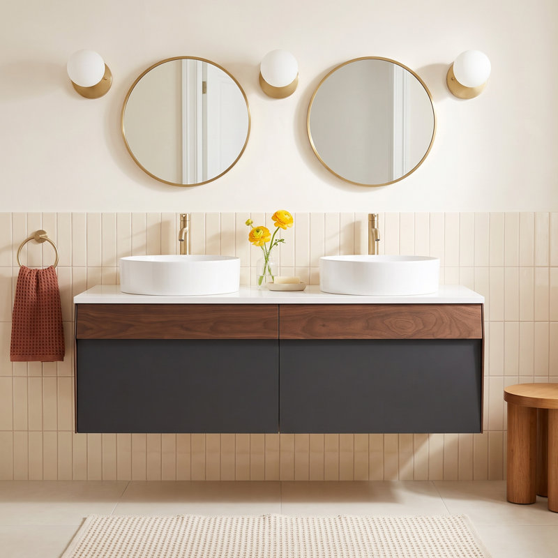 Lynwood 55" Double Bathroom Vanity, Light Brown/Dark Blue