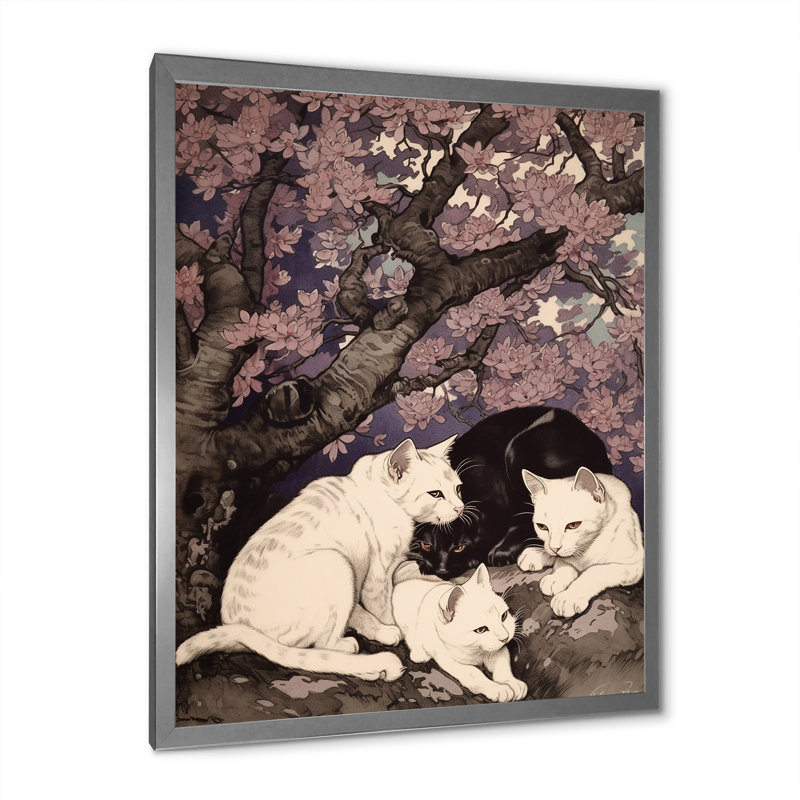 Chat blanc et chat noir dormant sous un arbre - impression, H 32 po x l 16 po x P 1 po, Cadre simple gris