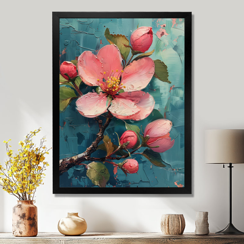 Rose, bleu, éclatant, fleur de pommier, H 30 po x l 40 po, Cadre simple noir