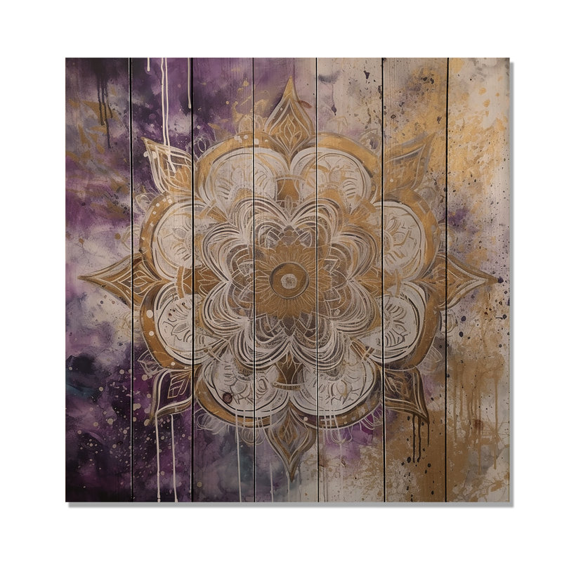 Eldan - Mandala mauve et doré I sur bois, H 15 po x l 15 po x P 0,78 po