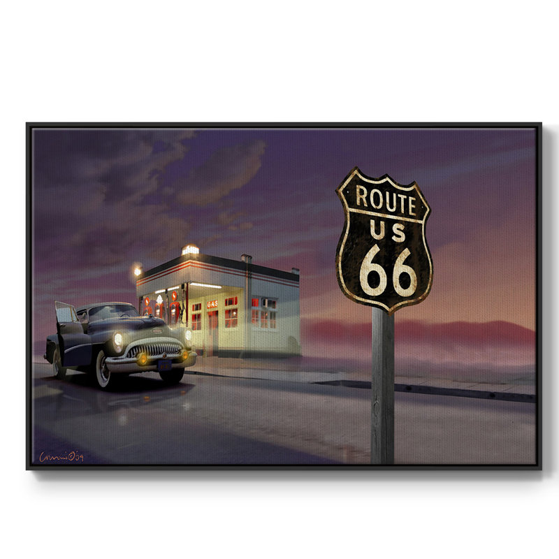 Route 66 - reproduction sur toile avec cadre flottant, H 25 po x l 37 po x P 2 po, Noir