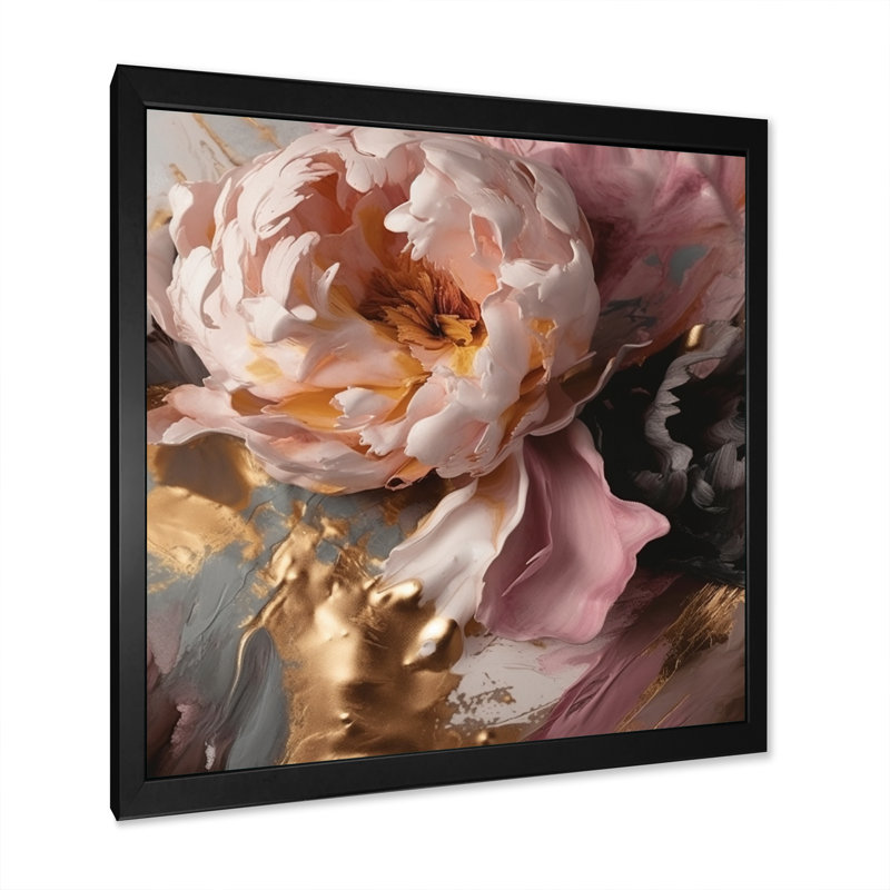 Marbre rose doré pivoine fleur I - impression, H 24 po x l 24 po x P 1 po, Cadre photo noir