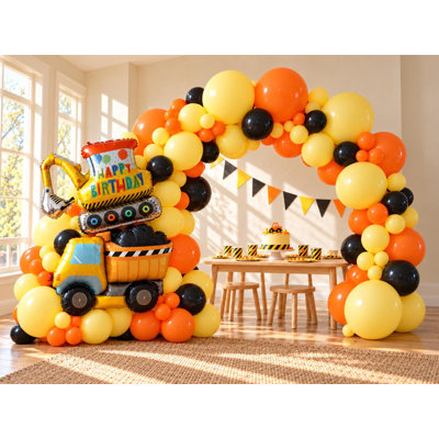 Ensemble de guirlande Construction Ballons, 118 ballons, feuilles de pelle et camion à benne basculante, décor d'anniversaire jaune orange noir