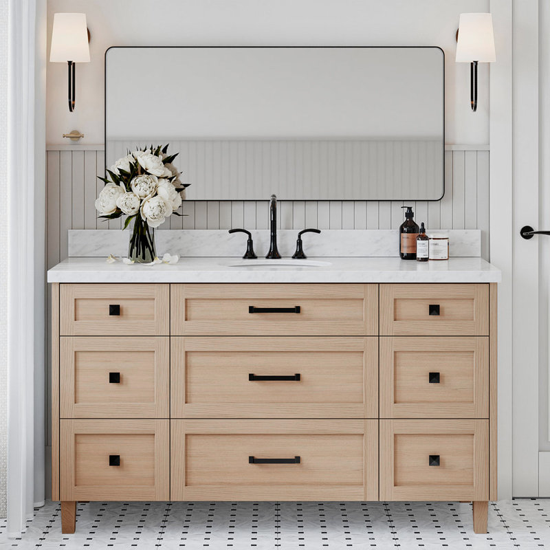 ARIEL Monroe 54 Single Sink Bathroom Vanity with Carrara Quartz Top, Oak, 54" - 55", Italian Carrara Marble