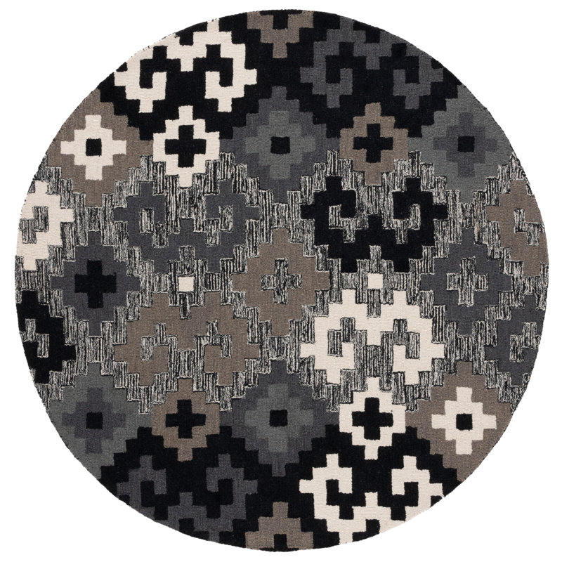 Lakeetha Hand Tufted Wool/Cotton Southwestern Rug in White/Gray/Black, Round 6'