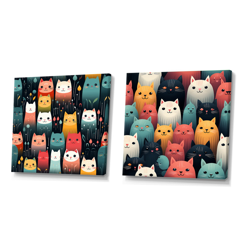 Green Curious Cats, papier peint pour enfants, ensemble de 2 collages carrés, Toile tendue, H 30 po x l 61 po