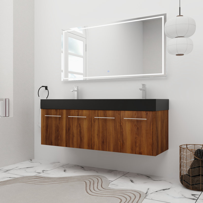 Meuble-lavabo double 60 po avec plateau en résine, Chrome, Brun ébène