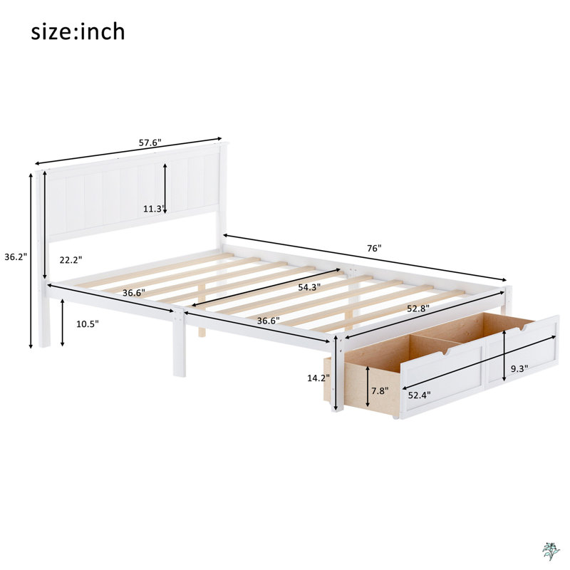 Lit plateforme simple avec tiroir sous le lit, Blanc, Lit double
