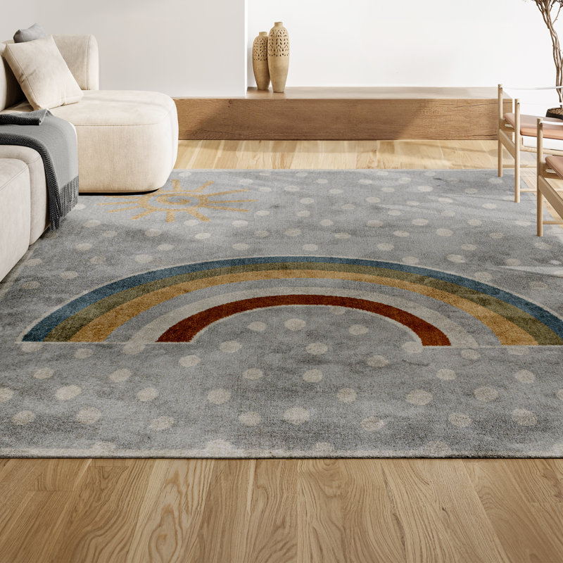 Bluette Rainbow Dot Modern Machine-Washable Gray/Ivory/Yellow Rug, Rectangle 3'3" x 4'11"