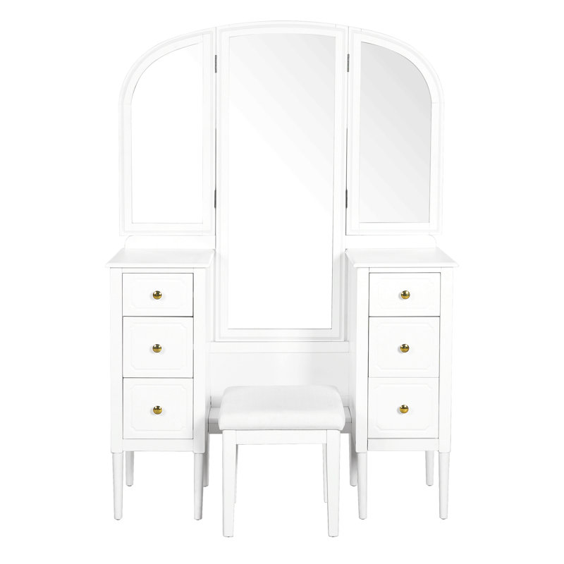Bureau de coiffeuse antique avec miroir triple, ensemble de coiffeuse à 6 tiroirs avec tabouret, miroir pleine grandeur pour le vestiaire de la chambre à coucher