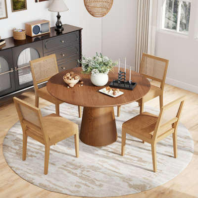 Ensemble de salle à manger à piédestal rond 5 pièces, table en bois avec 4 chaises en rotin, sièges rembourrés en lin et coton et patins de protection, mobilier de cuisine et de salle à manger moderne