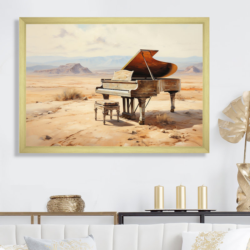 Piano et paysage désertique I - Piano, art mural, salon, Cadre doré simple, H 12 po x l 20 po x P 1 po