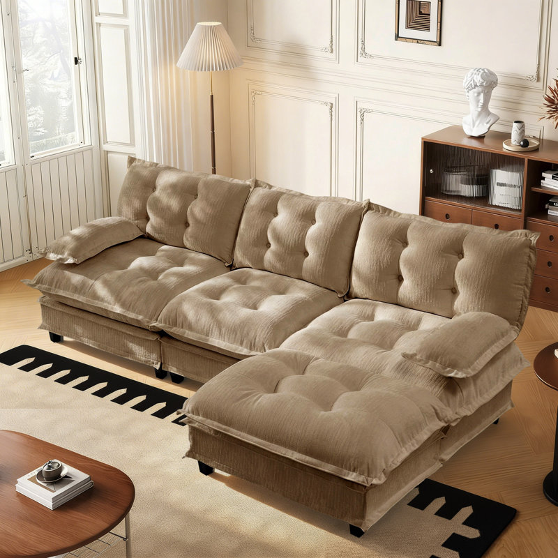 107.8" Chenille Modular Sectional Cloud Couch With Ottoman, Light Coffee Chenille
