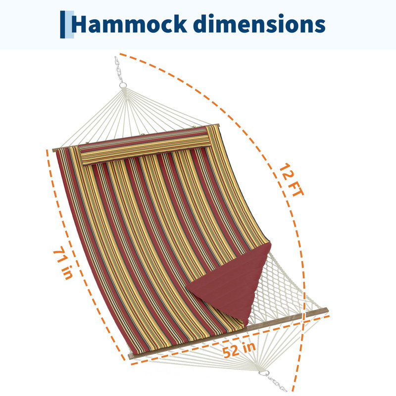 3.5m 2 Person Double Quilted Hammock, Beige Outdoor Swing Bed with Wooden Spreader Bar, Mesh Bag, Cushion & Pillow, 204kg Load Capacity with Hanging Chains