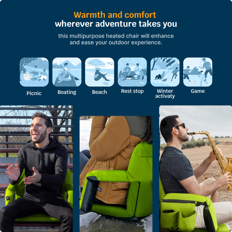 Alpcour Heated Reclining Stadium Seat - Waterproof Foldable Chair with Thick Padding and Back Support, Lime