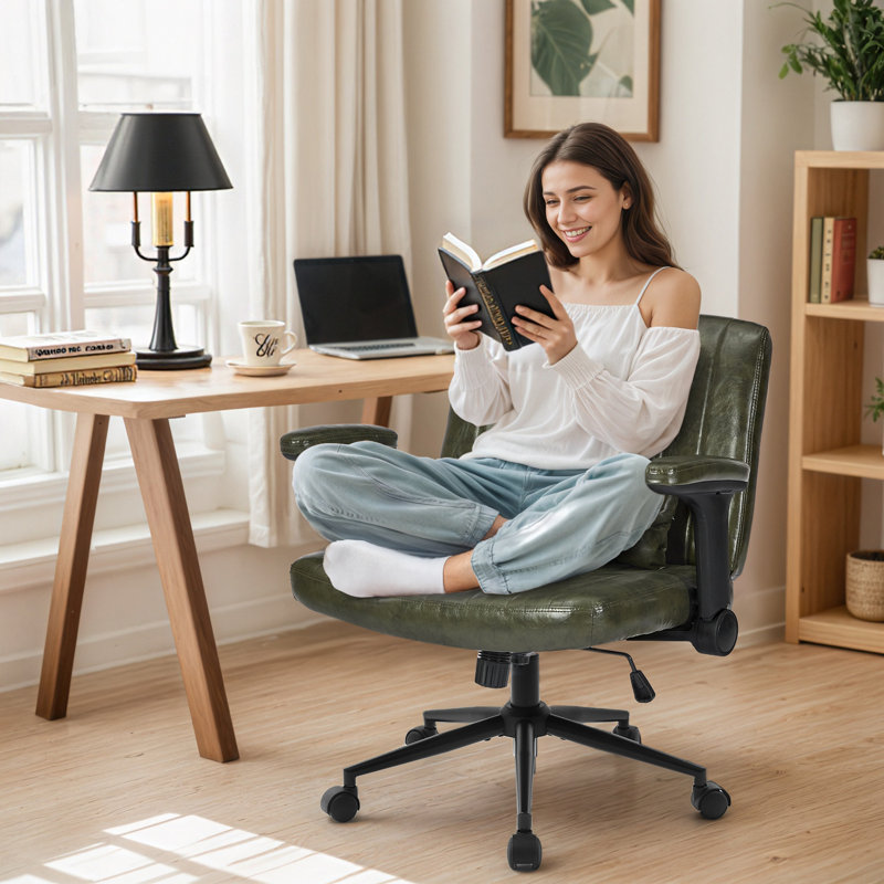 Criss Cross Swivel Home Office Desk Chair With Flip-Up Armrests And Lumbar Pillow, Green