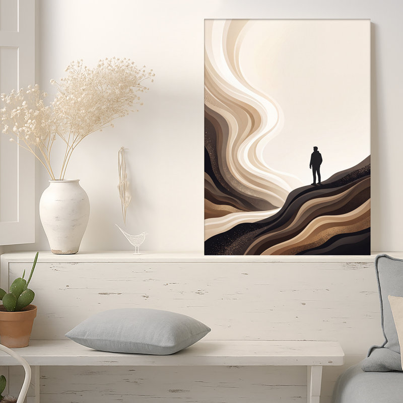 Silhouette noire d'homme sur toile abstraite ondulée beige et brune, 36"H x 24"W