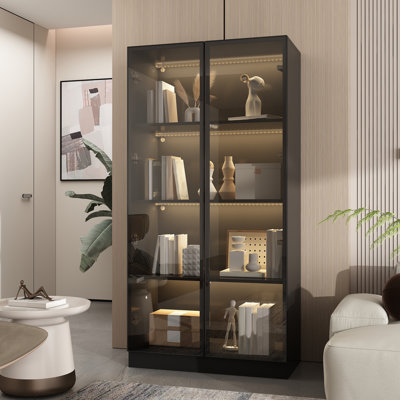 Display Cabinet with Glass Doors and Lights, Glass Display Cabinet with 4-Tier Storage Shelves, Pop-up Design, Trophy Case (80cm W x 40cm D x 160cm H)