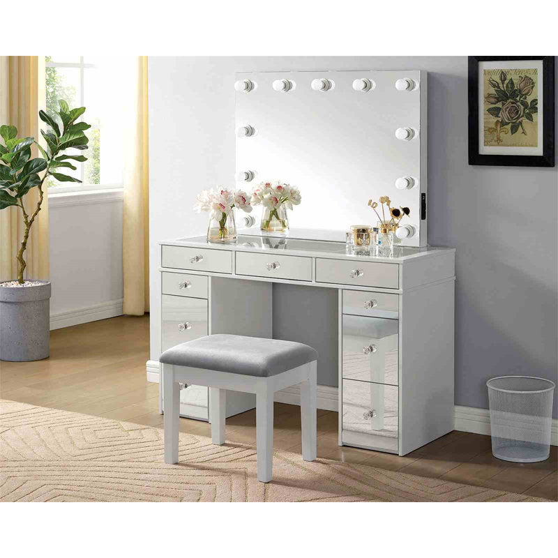 Contemporary Style 1Pc Vanity W/ Stool Set Glass Top Storage Drawers Central Mirror W/ Bulbs USB And Power Outlet White And Gray Finish