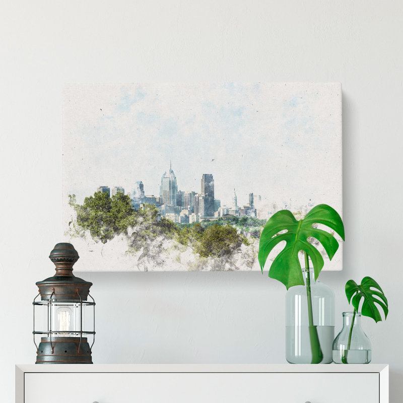 Philadelphia Skyline Watercolour - Wrapped Canvas, 40cm H x 60cm W x 3cm D