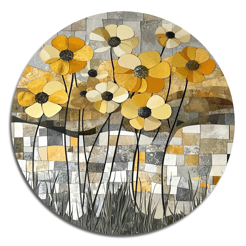 «Summer Mosaic Flower On Grey Desert Blossom II», art mural rond en métal abstrait, H 16 po x l 16 po