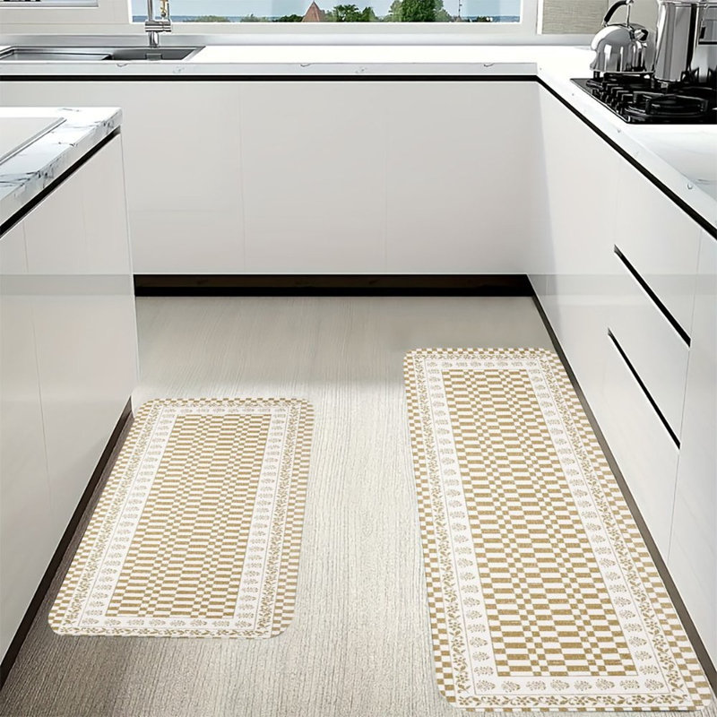 Tapis de cuisine à bordure florale à carreaux dorés, tapis de flanelle antidérapants 2 pièces pour la salle à manger