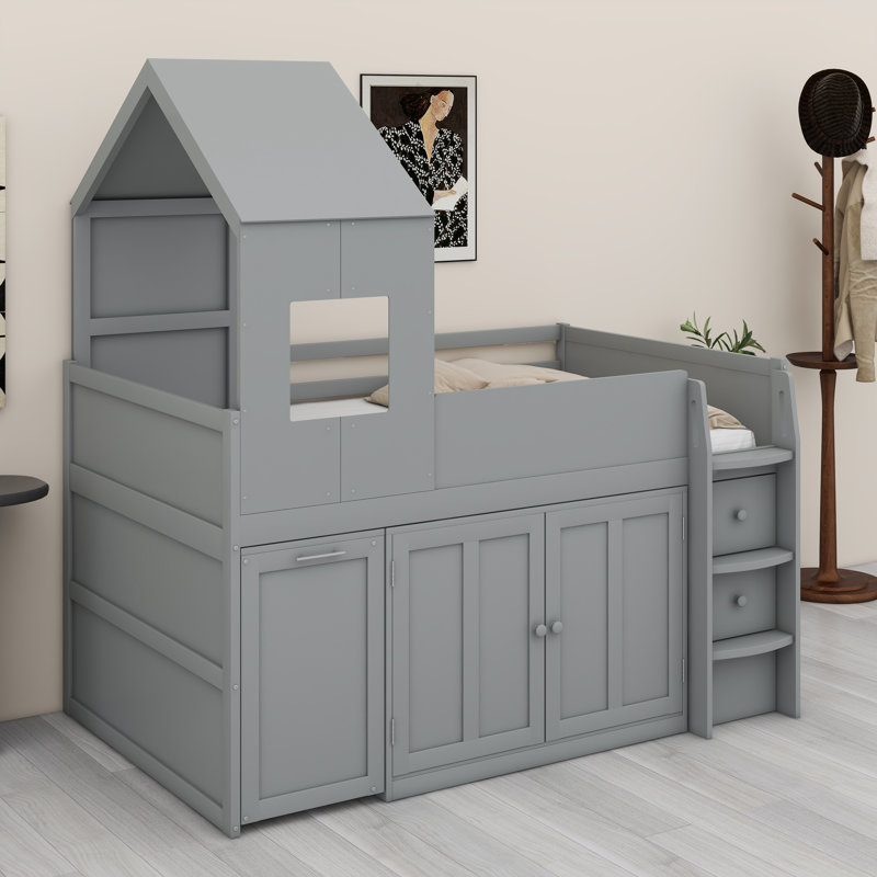 Lit mezzanine peu encombrant avec bureau d'étude intégré et rangement à tiroirs multiples, Gris