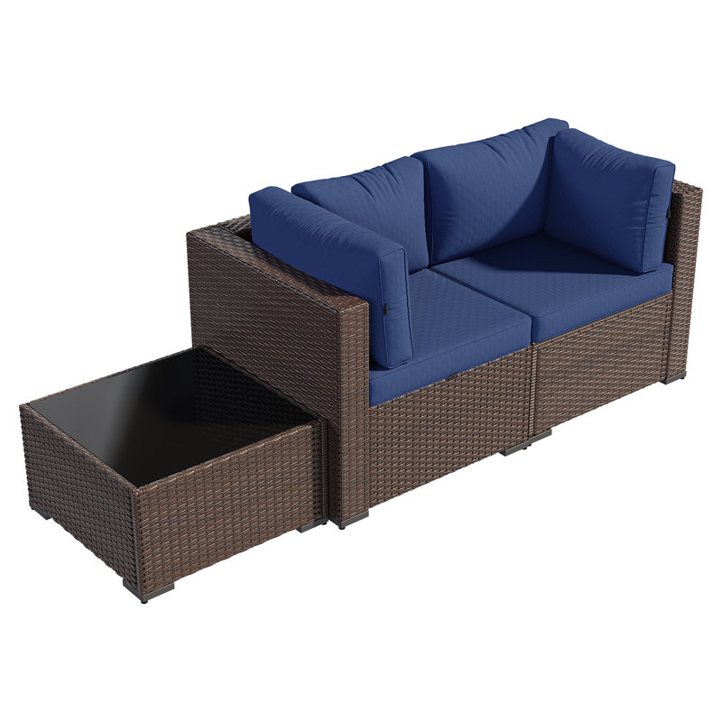 3 -Person Rattan Patio Safo With Cushions, Brown, Dark Blue