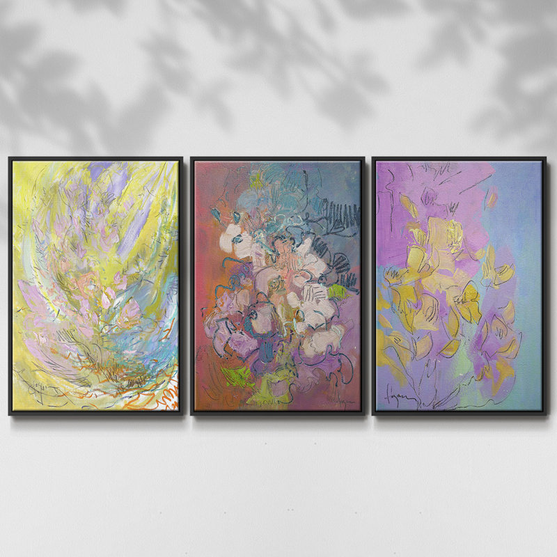 Approche de l'équinoxe, ensemble de 3 pièces encadrées sur toile, H 36 po x l 72 po, Noir