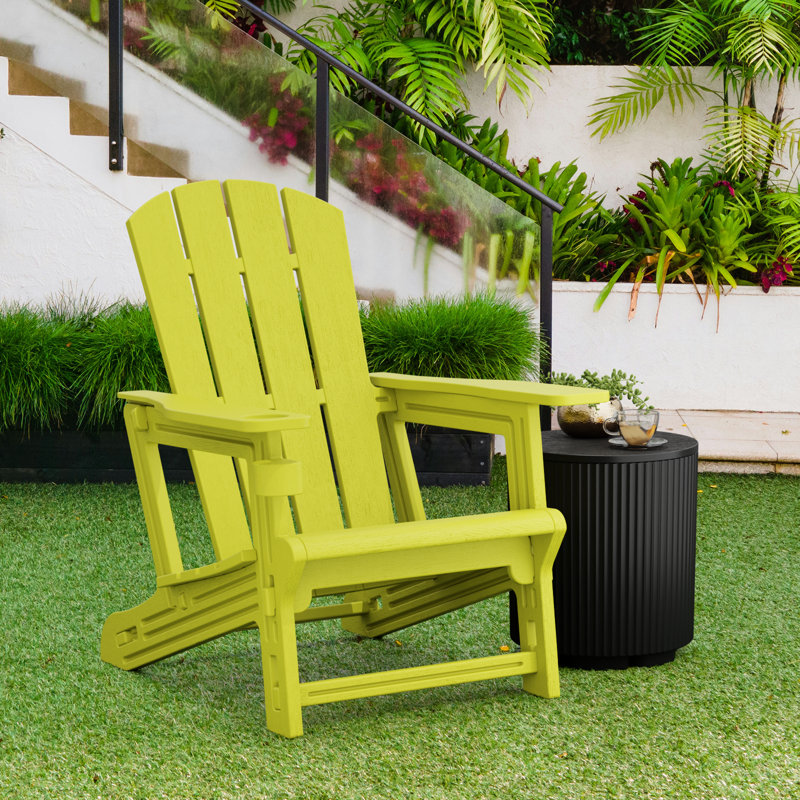 Adirondack Chair with Cup Holder All-Weather Reclining Chair for Patio Deck Backyard and Poolside, Yellow