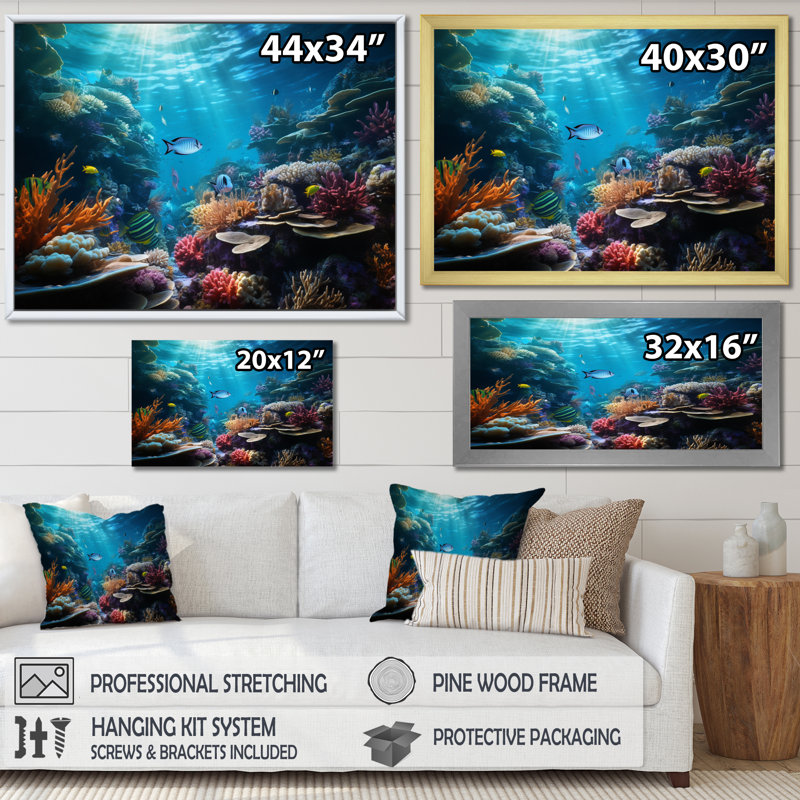 Toile de corail, art marin, impression côtière - Coral Seascape III, H 24 po x l 32 po x P 1 po, Cadre doré simple