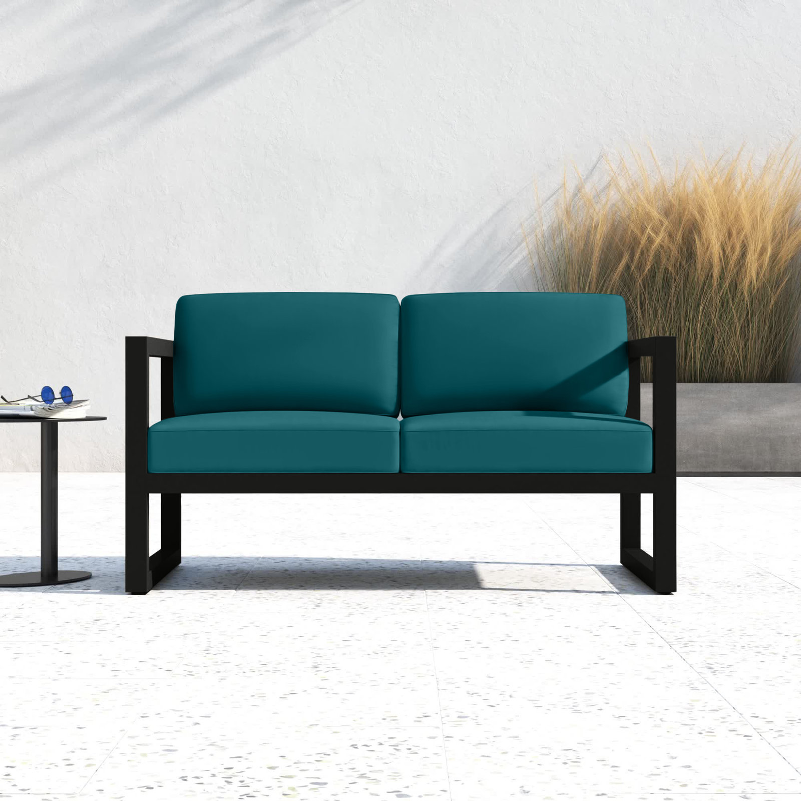 Smith 57" Outdoor Loveseat with Sunbrella® Cushions, Canvas Charcoal, Black