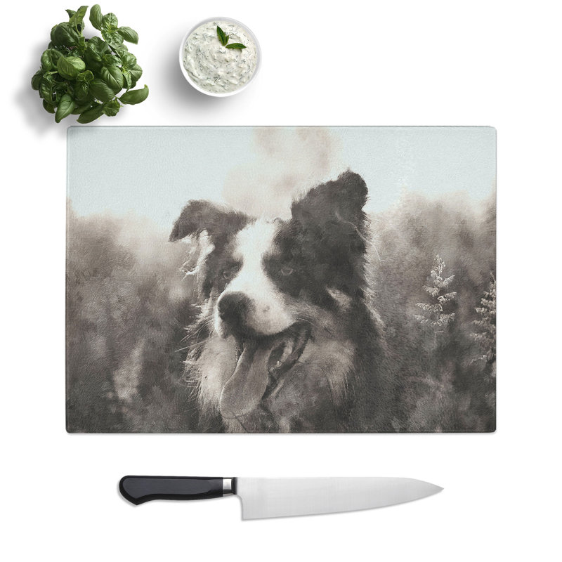 Tempered Glass Border Collie Dog in a Meadow Chopping Board, 20 cm x 28.5 cm