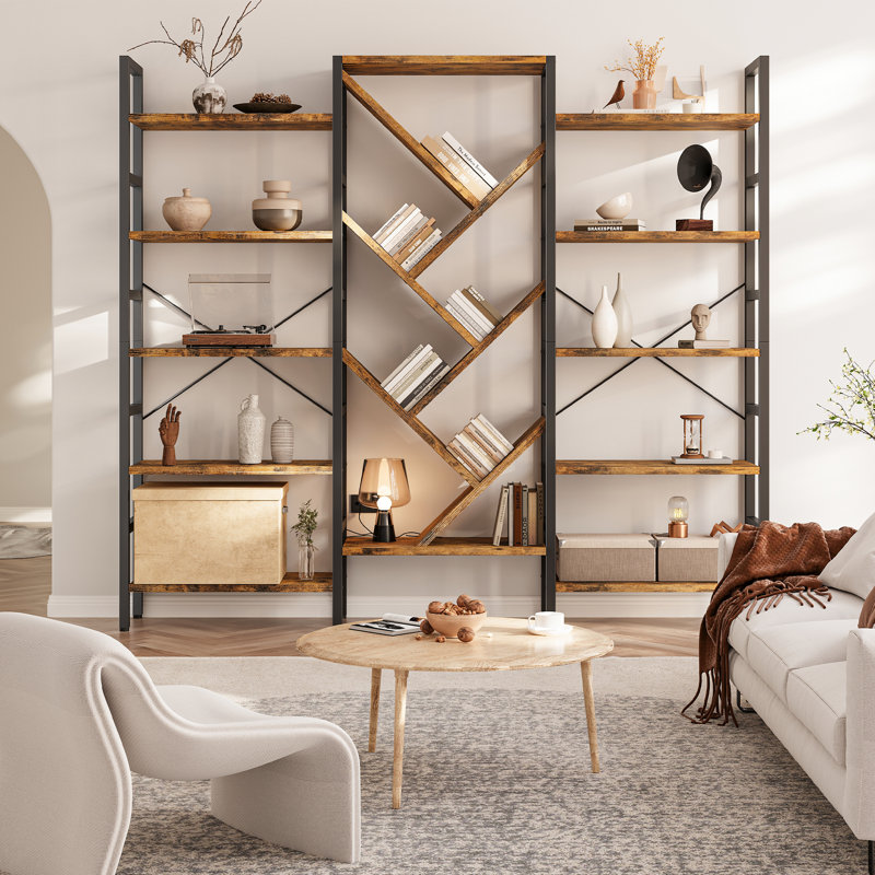 70.9"W x 70"H Etagere Bookcase, 5 Tier Bookshelf with 17 Open Display Shelves Modern Tree Book Shelf, Rustic Brown/Black