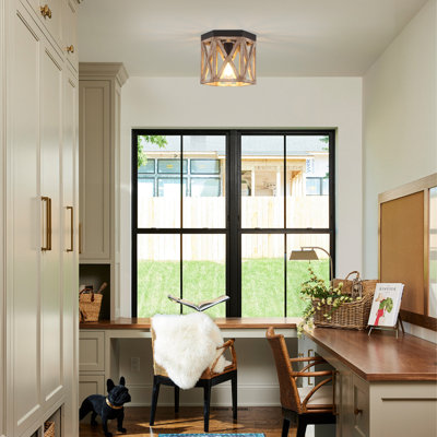 1-Light Rustic Wood Hexagon Flush Mount Ceiling