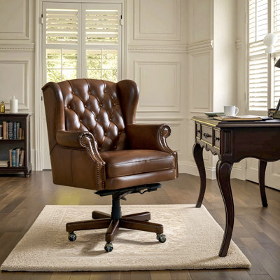 Gaylyn Traditional Genuine Leather Tilting Executive Office Chair with Nailhead Trim and Solid Wood Base