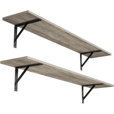 Extra Long Wall Mounted Shelves Set Of 2 With Heavy Duty Metal Brackets - Sturdy Floating Shelves For Living Room, Bedroom, Bathroom, Kitchen - Multi-Purpose Wall Storage Solution