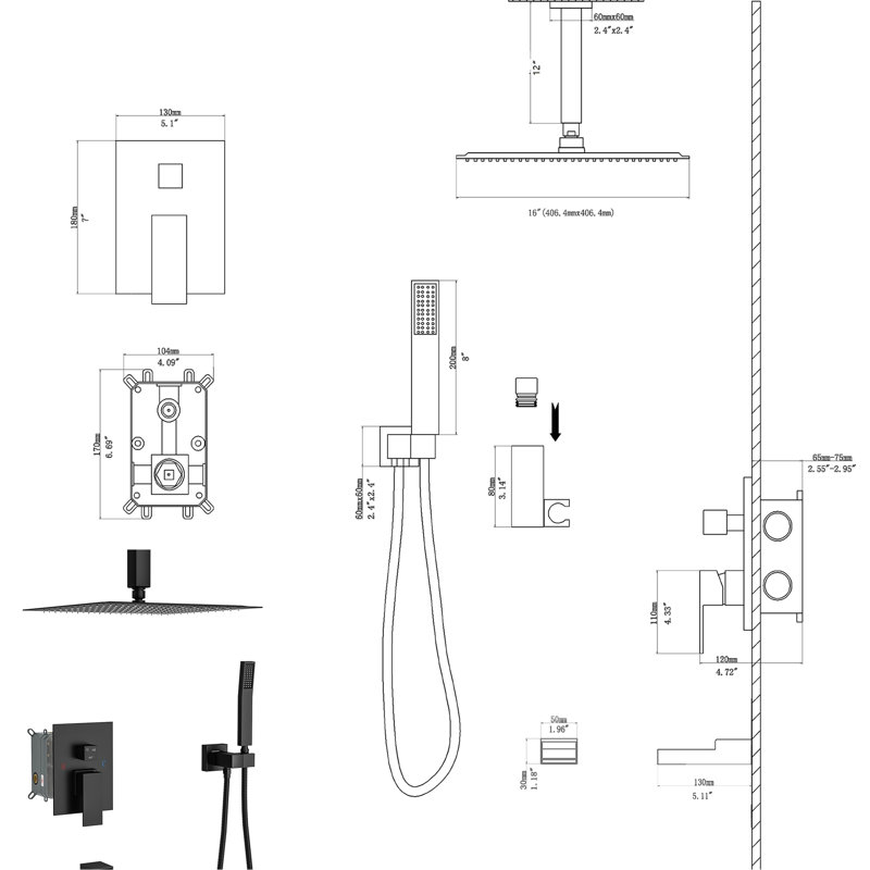 Système de douche carré à fixation au plafond, pomme de douche pluviale de 16 pouces, bec de baignoire en cascade, noir mat, 3 fonctions et facile à installer - soupape d'échaudage, ultra mince avec 360 rotatif
