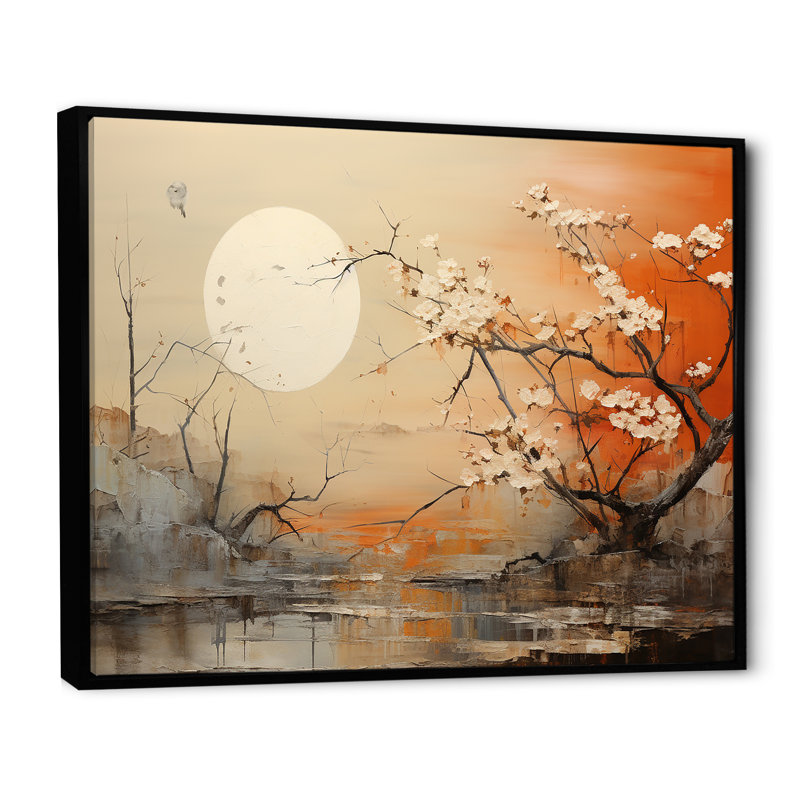 «Moon On Tangerine Twilight Landscape», impression d'art mural lune, Cadre flottant noir, H 34 po x l 44 po x P 1,5 po