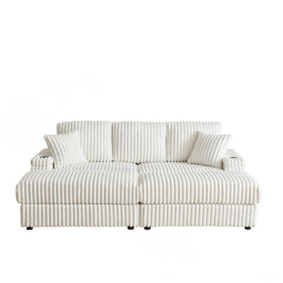 Canapé de 84 pouces en velours côtelé 3 places avec 3 coussins de dossier, 2 coussins décoratifs, 2 repose-pieds, 2 tabourets de rangement et porte-gobelets Comfy Sofa - Coussin de siège profond pour le salon