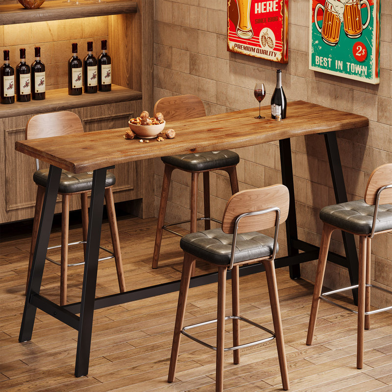 Solid Wood Bar Table, 55.1-inch Counter Height Pub Table With Sturdy Metal Frame, Industrial Narrow Dining Counter Bar Units For Pub/kitchen/living Room