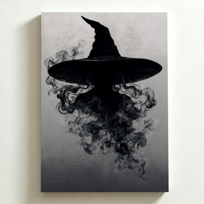 Tableau sur toile pour Halloween (50 x 75 cm) : silhouette d'un chapeau de sorcière entourée de fumée tourbillonnante, impression sur toile effet lavis. Décoration murale moderne pour chambre, salon et bureau.