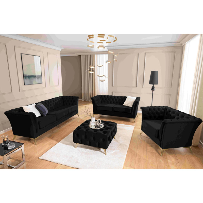 Whitby 3 - Piece Velvet Living Room Set, Black, Gold