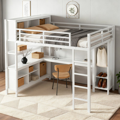 Metal Loft Bed With Wardrobe And L-shaped Desk, Heavy Duty Loft Bed Frame With Storage Cubes And Shelves For Kids Teens Adults