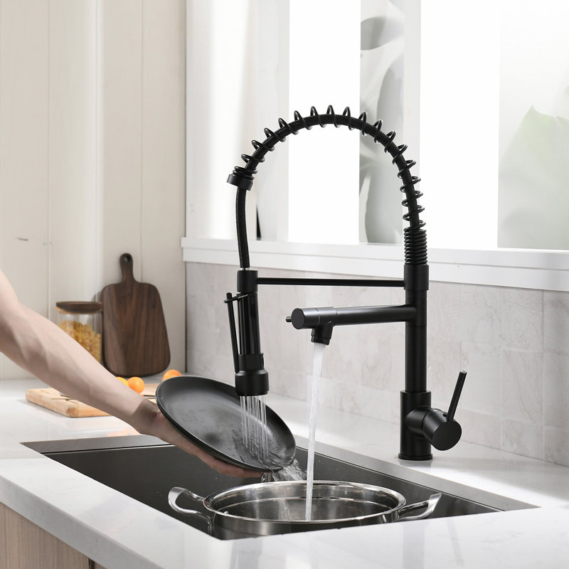 Robinet de cuisine rétractable à poignée simple avec conduites d'alimentation, Noir mat