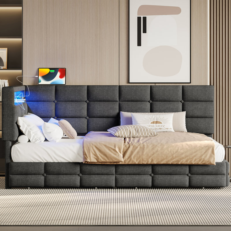 Upholstered Sofa Bed With 2 Storage Drawers, Charging Station And LED Lights, Gray